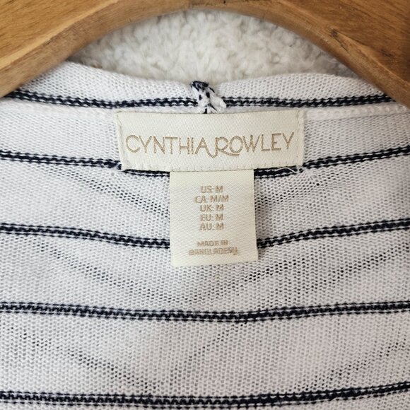 Cynthia Rowley Cardigan Women's Medium White Blue Small Stripe Hood Linen Rayon - Picture 2 of 10